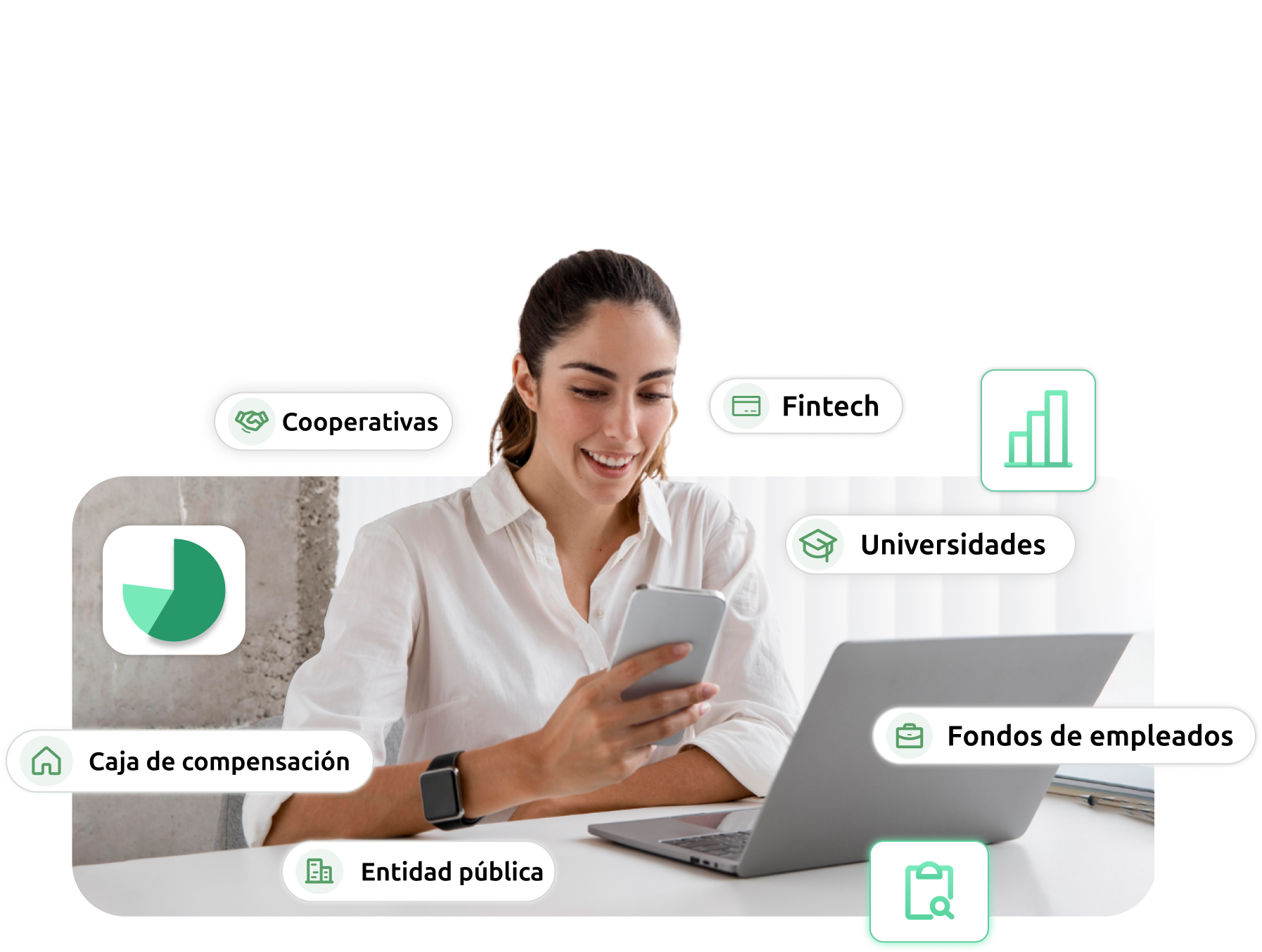 Professional woman working with laptop and smartphone with sector labels